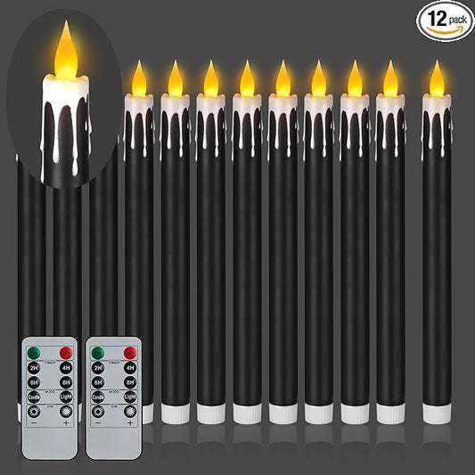 wemarry Flameless Taper Candles 10.6" Dripless Battery Operated Taper Candles Included Remote Timer 400+ Hours by 2AA Batteries for Halloween Christmas Wedding (Black+White, 12 Pack)