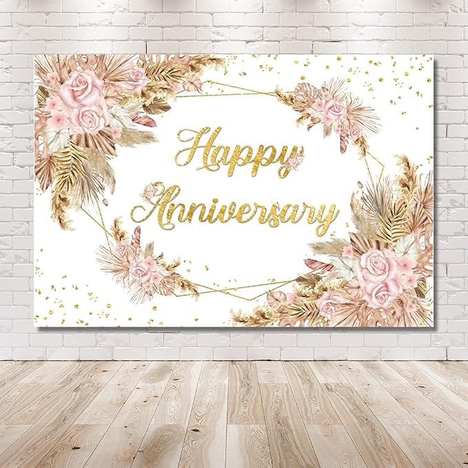 MEHOFOND 10x7ft Boho Happy Anniversary Backdrop Pampas Grass Engagement Banner Bohemia Couple Love Cheers Years 50th Wedding Birthday Party Decorations Blush Pink Floral Photography Background