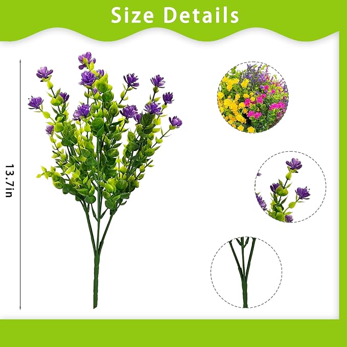 Artificial Flowers for Outdoors, UV Resistant Fake Plants for Spring Outside Window Box Hanging Planters Porch Realistic Plastic Faux Flower Bulk for Wedding Garden Decor(12,Purple,Red,Yellow)