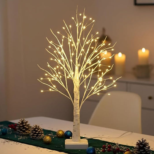 White Birch Christmas Tree - 2ft Tabletop with 144 LED Lights, BHGNEJN Indoor Decor - USB/Battery Powered & Timer, Holiday Home (1)