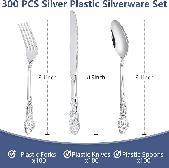 300Pieces Silver Plastic Silverware - Heavy Duty Silver Disposable Utensils - Vintage Plastic Cutlery Set Includes 100 Forks, 100 Spoons, 100 Knives for Dinner Parties Weddings (Pack of 2)