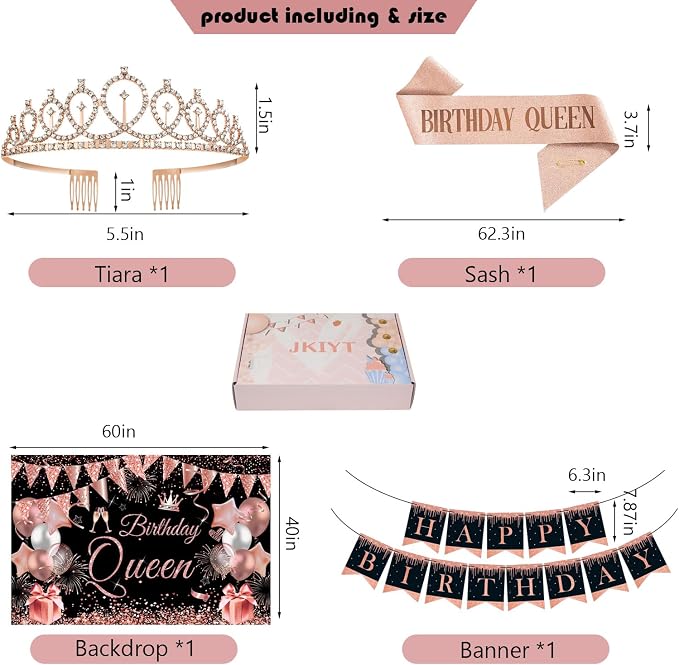 Happy Birthday Decorations for Women Girls, Black Rose Gold Birthday Party Decor Include Sash and Crown, Balloons, Banner, Backdrop, Cake Topper & 6pcs Paper Pom Poms (Black rose gold)