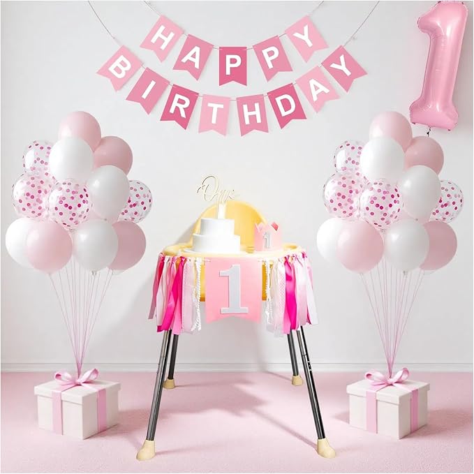 First Birthday Decorations for Girl - Complete Party Set with High Chair Banner, Number 1 Balloon, One Cake Topper, Crown, Balloons & Birthday Banner(Pink)