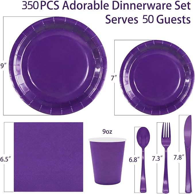 Purple Paper Plates Party Supplies,350pcs Purple Plates and Cups and Napkins Set for Mardi Gras Birthday Decorations for Women Srve 50