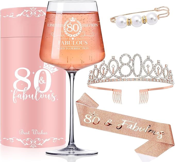 80TH Birthday Gifts for Women,Vintage Engraved 80th Wine Glass,80 Year Old Birthday Decorations For Her,80&Fabulous Sash and Tiara For Women,Friends,Sister-Turning 80th Party Favor Supplies