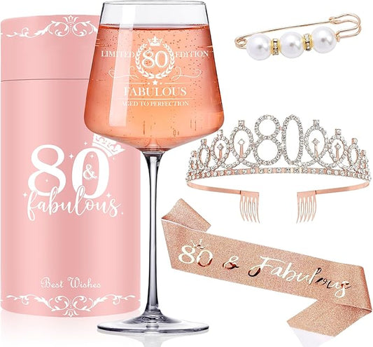 80TH Birthday Gifts for Women,Vintage Engraved 80th Wine Glass,80 Year Old Birthday Decorations For Her,80&Fabulous Sash and Tiara For Women,Friends,Sister-Turning 80th Party Favor Supplies