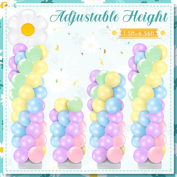 Kasyat 2 Sets Daisy Pastel Party Balloon Column Stand Kit, Adjustable Groovy Balloon Arch Stand Kit for Macaron Boho Summer Daisy Floral Theme Easter Party Decoration