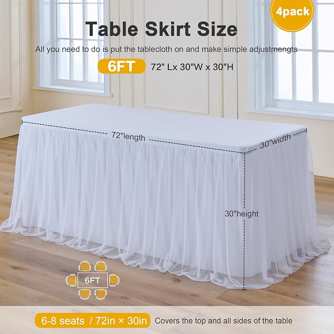 familus White Table Cloths 6 Foot Rectangle 4 Panels Stretch Ruffle Tulle Tablecloth Spandex Fitted Table Cover for 6 Foot Tulle Table Skirts for Party Wedding Table Cloths, Banquets