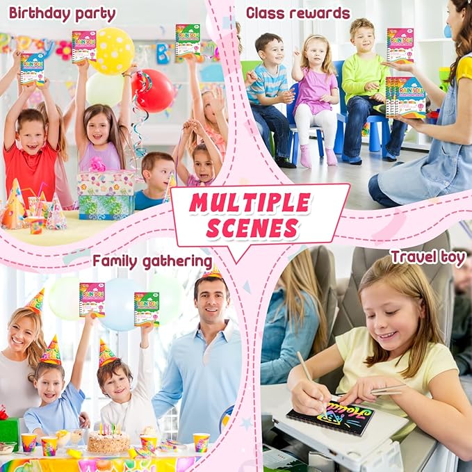 Scratch Paper Art Party Favors for Kids: 4 Pack Rainbow Scratch Notebook, Goodie Bags Stuffers Coloring Books Party Favors for Kids 3-12, Bulk Classroom Birthday Gifts for Student