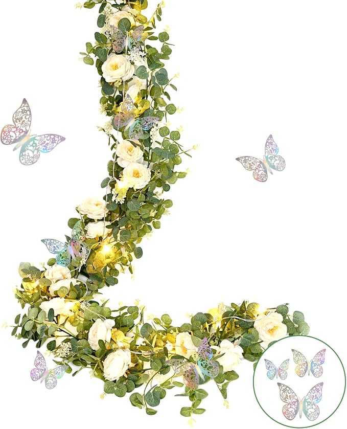 Yastouay 2 Pcs 13.1 Ft Fuller Flower Garland with Light Butterfly, Artificial Eucalyptus Garland with Champagne Flowers Fake Rose Camellia Vine for Table Centerpiece Wedding Arch Room Decor