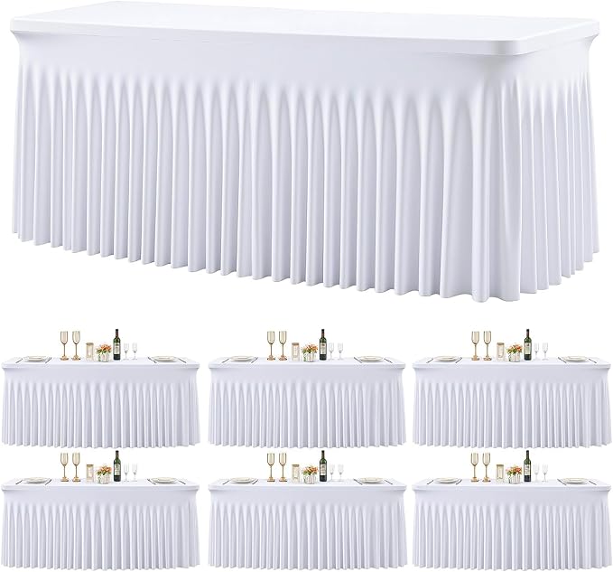 6 Pack White Table Cloth for 6 Foot Rectangle Tables Spandex Fitted Tablecloth 6ft Stretch Table Covers Skirt White Banquet Tablecloths Wrinkle Free Tablecloth for Party Wedding Birthday Event