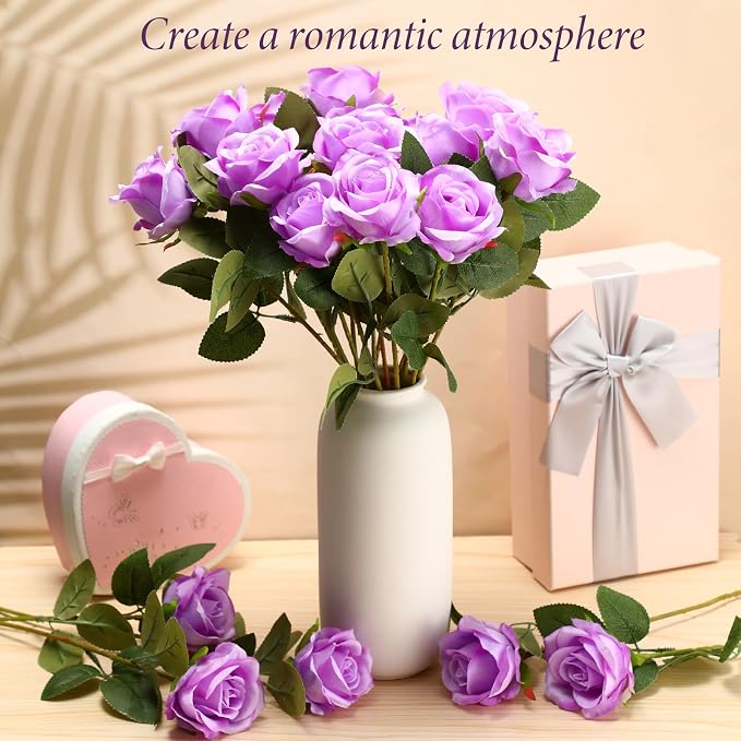 Hotop 20 Pcs Artificial Rose Flowers with Long Stem, Real Lifelike Silk Realistic Plastic Bouquet Roses Bulk for Home Decor Bridal Wedding Party Table Centerpieces Decorations(Purple)