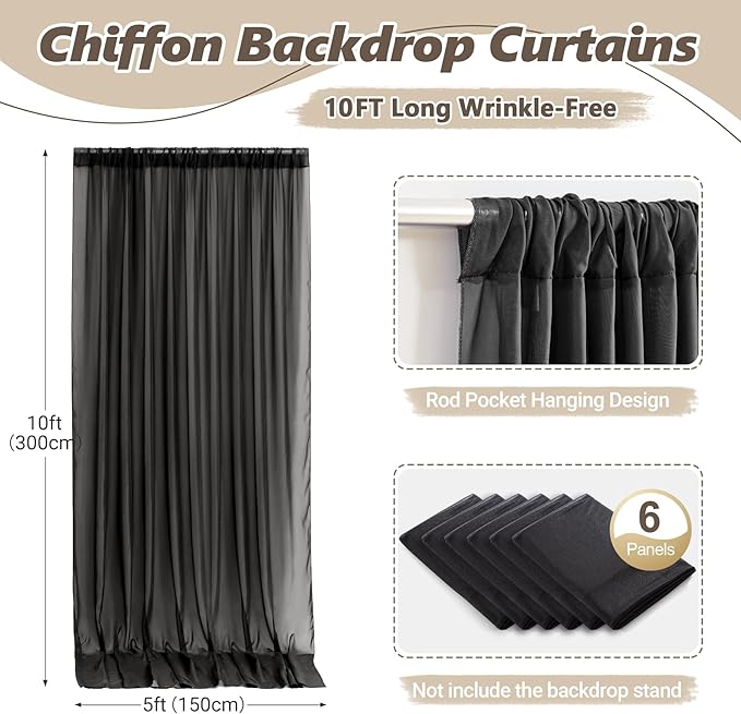 30ft x 10ft Black Backdrop Curtains, Wrinkle-Free Sheer Chiffon Fabric Photo Background Drapes for Wedding Arch Party Ceremony Stage Photography Decorations