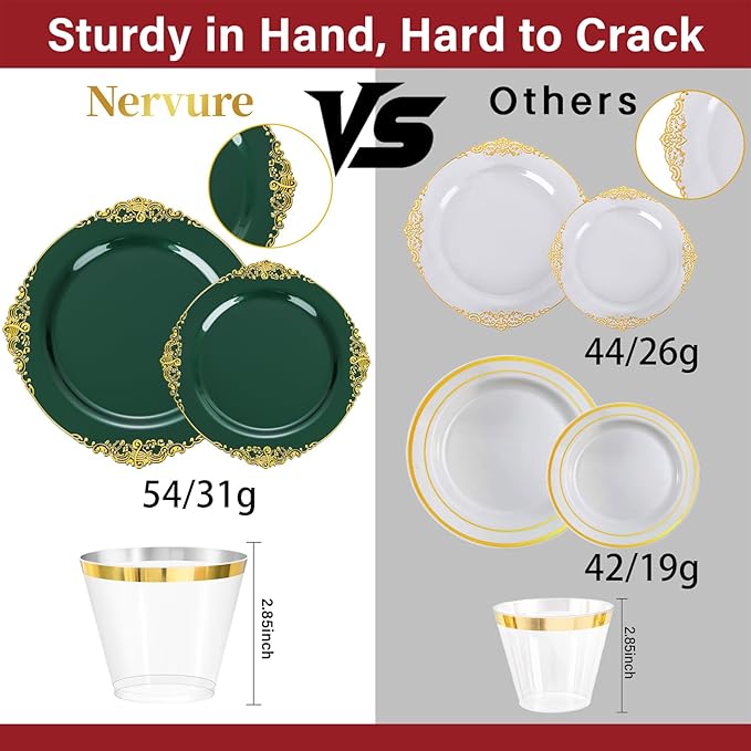 Nervure 175PCS Green Plastic Plates - Disposable Green Gold Party Plates & Pre Rolled Napkins with Cutlery for 25 Guests, 50Plates, 75Silverware, 25Cups, 25Napkin for Wedding & Party & St Patricks Day