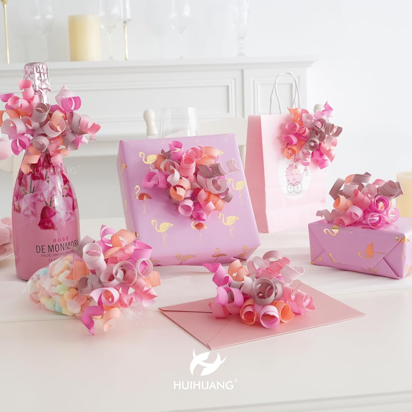 HUIHUANG Dusty Pink & Rose Bows for Gift Wrapping, Self-Adhesive Curly Ribbons for Presents, Wine Bottles, Treat Bags, Birthday & Wedding Favors - 6 Counts