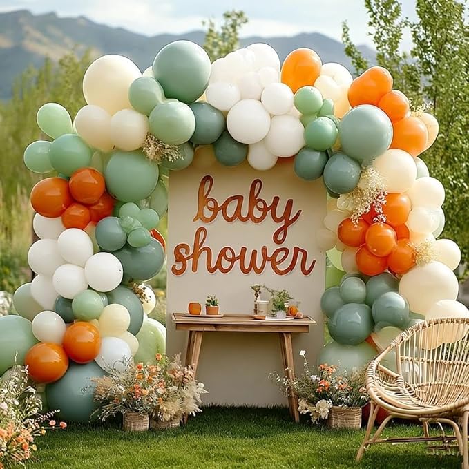 Dusty Green Orange White Balloon Garland, Double Stuffed Burnt Orange Sage Green Ivory Yellow Balloons Arch Kit for Baby Shower Gender Reveal Birthday Safari Jungle Party Decorations