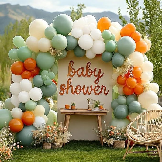 Dusty Green Orange White Balloon Garland, Double Stuffed Burnt Orange Sage Green Ivory Yellow Balloons Arch Kit for Baby Shower Gender Reveal Birthday Safari Jungle Party Decorations