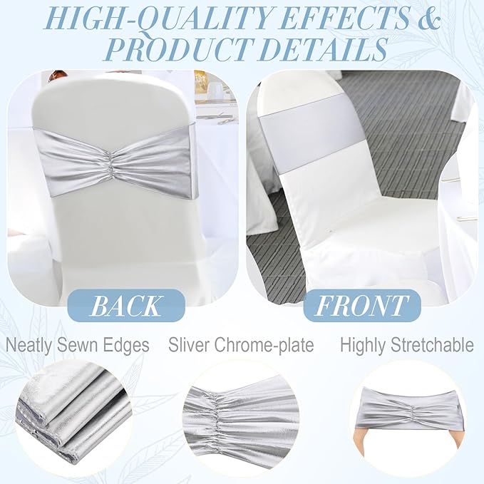 Hahafelt 100 pcs Chair Sashes Shiny Bow Spandex Bands for Chair Wedding Banquet Parties Reception Restaurant Decoration, Sliver