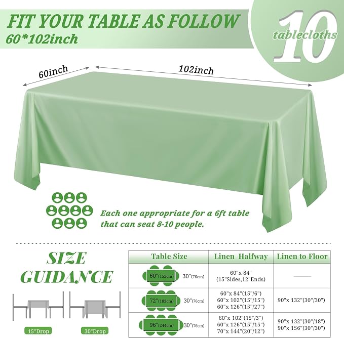 10 Pack 60 x 102 Inch Rectangle Tablecloth, Sage Green Tablecloth for 6 Feet Rectangle Tables, Stain and Wrinkle Resistant Washable Fabric Table Cloth for Wedding Dining Table Buffet Parties Camping