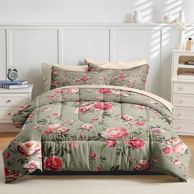 Nesker 5 Pcs Comforter Set Twin Size, Vintage Floral Beige Bedding Set for Kids and Adults, Rose Flower Pink Bed Sheet Sets with Fitted Sheet Pillowcases & Shams