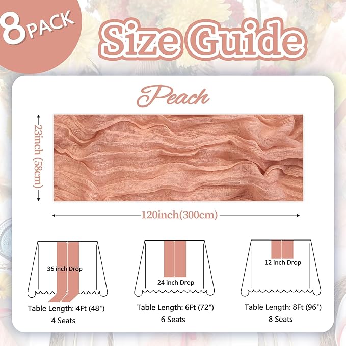 8 Pack Peach Cheesecloth Table Runner 10ft Boho Gauze Fabric 120 Inch Cheese Cloth Table Runner Rustic Sheer for Holiday Baby Shower Party Décor Home Wedding Decoration