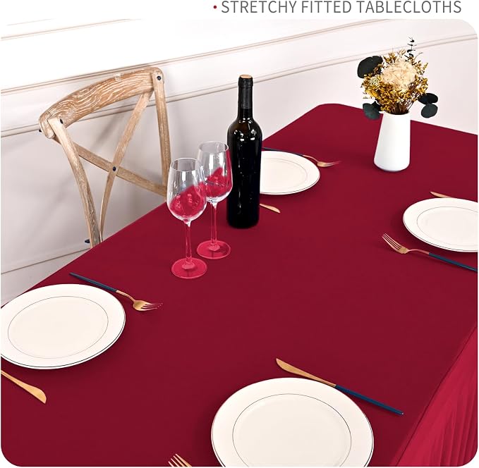 fani 2 Packs Burgundy Stretch Table Skirts for 6 Foot Rectangle Table, Washable Spandex Stretch Tablecloths with Skirt, Wrinkle Resistant Fitted Tablecover for Wedding Party Banquet