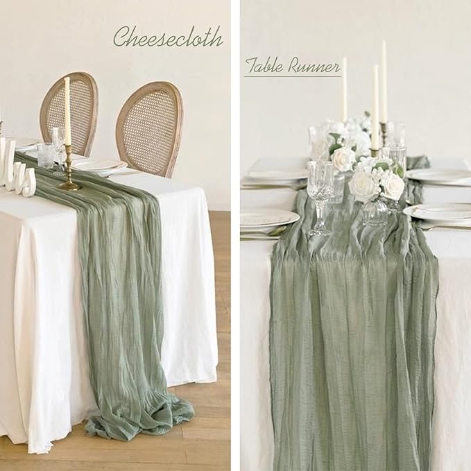 Showgeous 10 Pack Sage Green Cheesecloth Table Runner, 10FT Long Semi-Sheer Boho or Rustic Gauze Table Runner Wedding Table Decor for Wedding Arch Draping Bridal Shower Holiday Party St Patricks Day