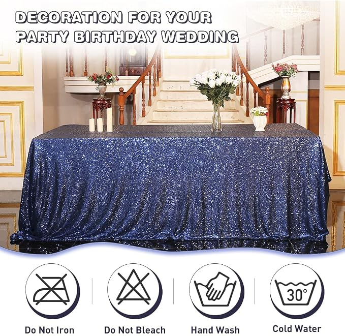 Eternal Beauty Navy Blue Tablecloth, 60x120 Inch Sequin Rectangle Table Cover for Cake Dessert Exhibition Party Birthday Events