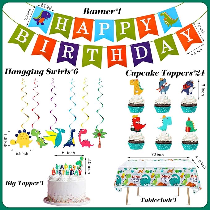 Tessco 193 Pcs Dinosaur Birthday Party Supplies Includes Plates Cups Napkins Banner Knives Fork Spoon Tablecloth Cupcake Toppers Straw Swirls for Boys Dino Birthday Party Decoration, Serves 20 Guests