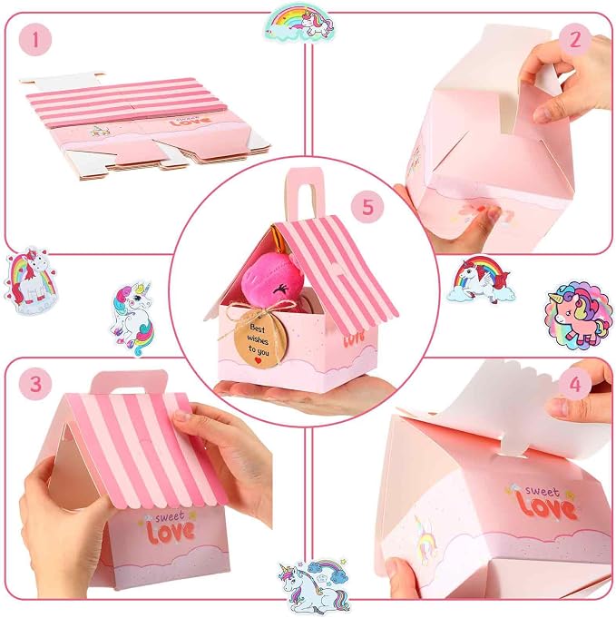 Remuuly 88 Pcs 12 Sets Unicorn Party Favor for Girls Mini Unicorns Stuffed Animals Bulk Plush Keychains Gift Box Bracelet Sticker for Goodie Bag Birthday Students