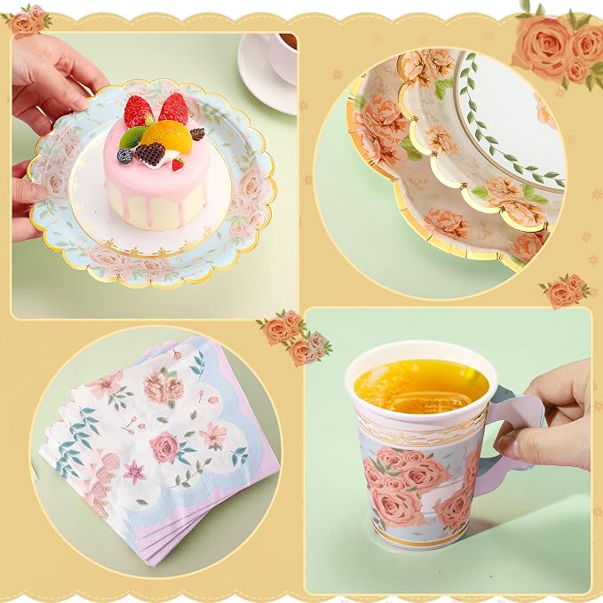 Yungyan 193 Pcs 48 Guests Tea Birthday Party Supplies Disposable Tableware Set 9 oz Paper Tea Cups with Handle, 7" 9" Paper Plates, Napkins, Tablecloth for Floral Party Wedding Baby Shower