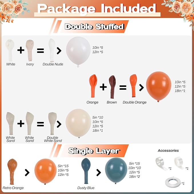 Double Stuffed Dusty Blue Orange Balloon Arch Kit, Boho Neutral Balloon Garland Burnt Orange Terracotta Dark Teal Turquoise White Sand Latex Balloons for Fall Themed Wedding Birthday Party Decorations