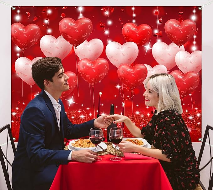 Red Hearts Balloons Anniversary Backdrop Banner 7x5ft Romantic Love Theme Photo Background For Anniversary Engagement Wedding Bridal Shower Couples Date Night Party Decorations Photo Booth (82x59inch)