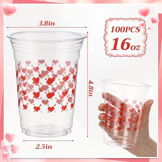 100 Pcs Wedding Plastic Cups 16 oz Clear Disposable Romantic Heart Cups Bulk for Bridal Shower Engagement Anniversary Supplies Beverage Snack