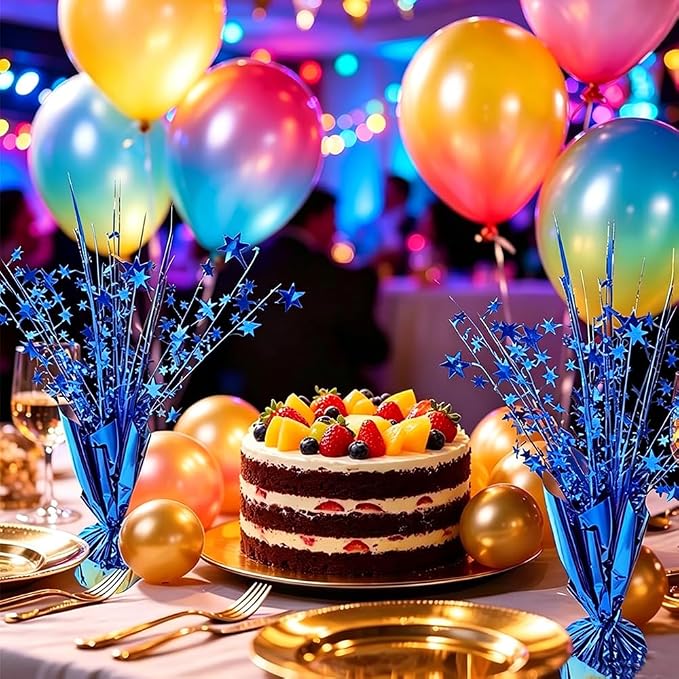 6 Pack Blue Star Table Centerpieces, Metallic Blue Starburst Table Decor, Sparkly Foil Table Topper for Birthday, Baby Shower, Wedding, Graduation, Space Themed Party, Holiday Table Decoration
