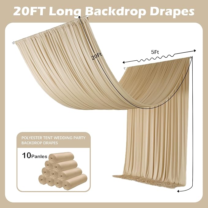 Outpain 50ftx20ft Beige Backdrop Ceiling Drapes,10Panels 20ft Height Wrinkle Free Tent Draping Curtains, Fabric Drapery Ceiling Drapes for Wedding Ceremony Birthday Theme Parties with Rod Pocket