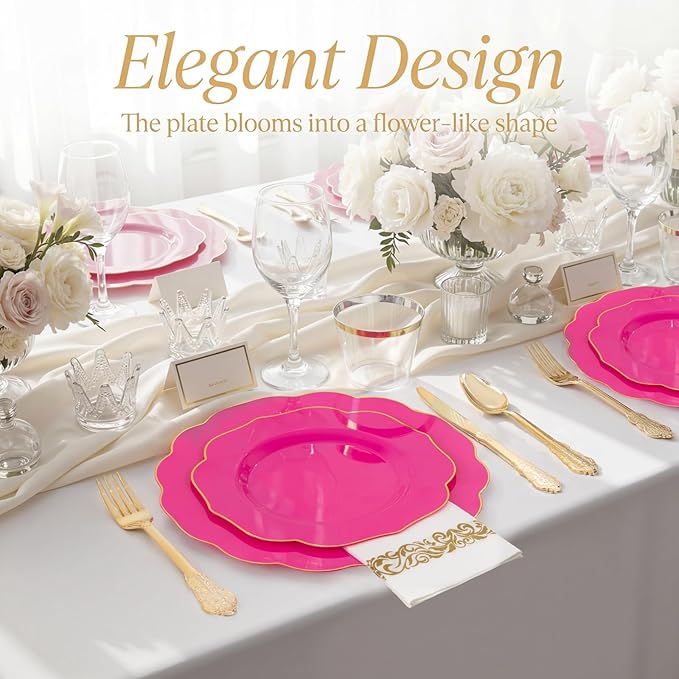 NOCCUR 175PCS Hot Pink Plastic Plates with Gold Disposable Silverware - Include 50 Hot Pink Plates,25 Knives,25 Forks,25 Spoons,25 Cups and 25 Napkins - Ideal for Party/Mother's Day