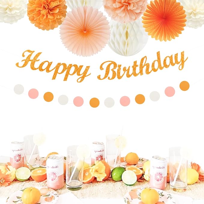 Orange Hippie Birthday Party-Decorations Paper-Flowers - 14pcs Happy Banner Fall Honeycomb Tissue Pom Poms,Boho Streamers Garland Fans,Sweet Peach Groovy Sunset Groovy Hanging Supplies Decor Hugfond