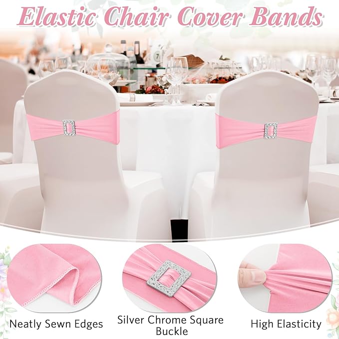 VitalCozy 150 Pcs Spandex Chair Sashes with Square Buckle Slider Stretch Chair Cover Band Universal Elastic Ties Straps Bows for Wedding Banquet Event Party Decoration(Light Pink)