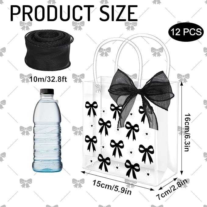 Whaline 12 Pcs Bow Coquette Clear PVC Gift Bags Black Bowknot Daisy Flower Party Favor Bags with Handle Treat Tote Bag with Ribbon for Wedding Birthday Bachelorette