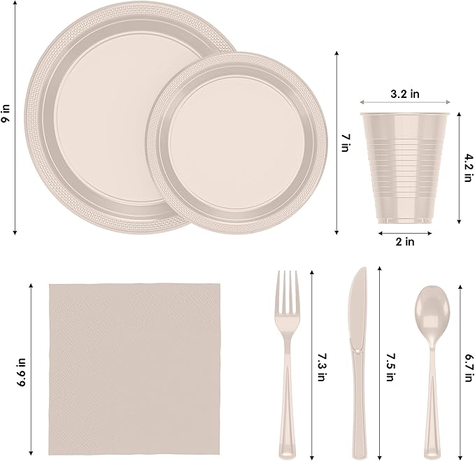 350 Pcs Ivory Plastic Plates For Party, Ivory Disposable Plates Set, 50 Of Each 9" Dinner Plate Set, 7" Dessert Plate, Cups, Napkins & Cutlery Plastic Dinnerware Set Exquisite