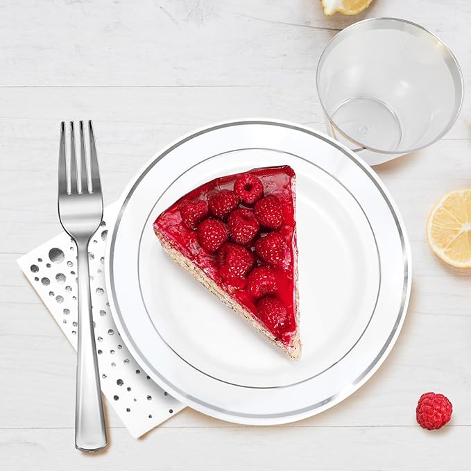 Stylish 7.5 Inch White and Silver Plastic Plates, Disposable Forks, Cups and Cocktail Napkins (100 Set), Silver Dessert Plates, Small Appetizer Plates, Disposable Cake Plates for Wedding Reception
