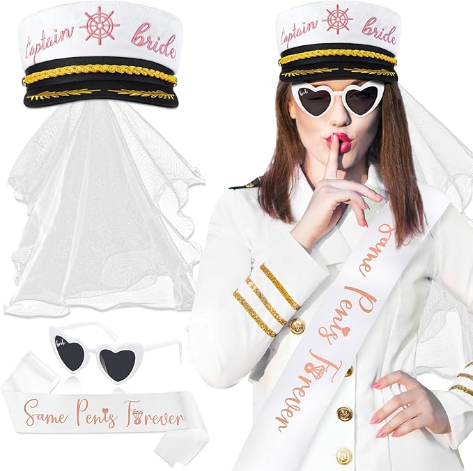 JaGely Bride Captain Hat with Veil, Bachelorette Sash & Sunglasses for Bridal Shower Bachelorette Party Decor Accessories(Funny Style)