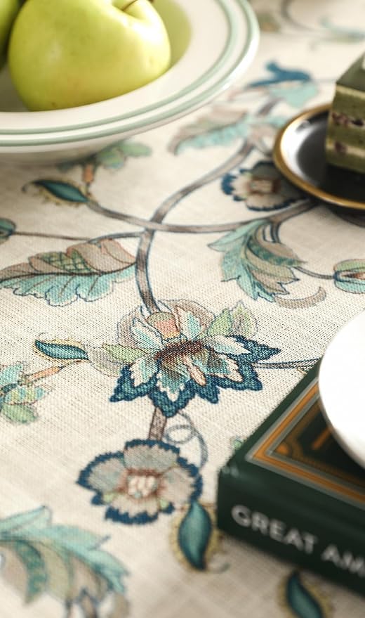 patdrea Vintage French Linen Tablecloth,Round,Diameter 67"-Noah | Heavyweight Floral Table Cloth for Round Table,Botanical Green Pattern,for Dining Room Tea Party Thanksgiving