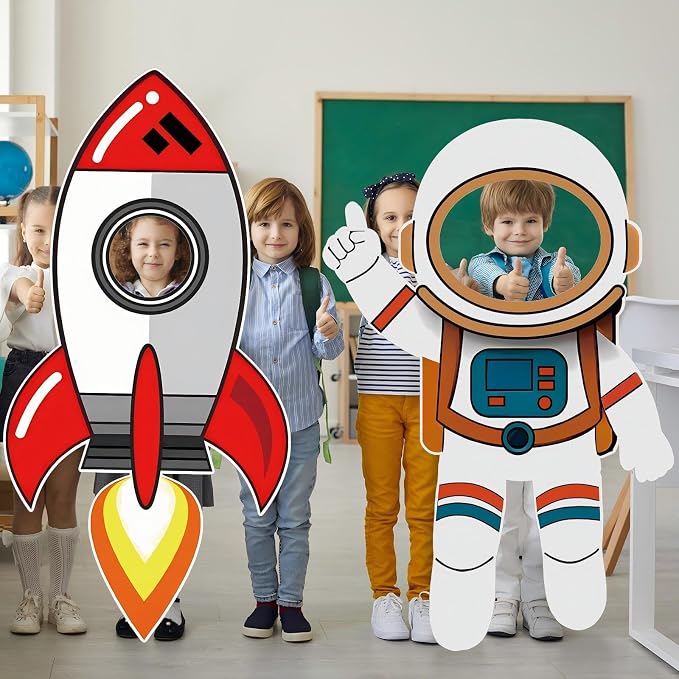 2 Pcs 3.94 ft Space Photo Booth Prop Rocket Astronaut Life Size Cardboard Cutout Stand up Backdrop Rocket Cardboard for Space Birthday Party Decoration Science Event Display