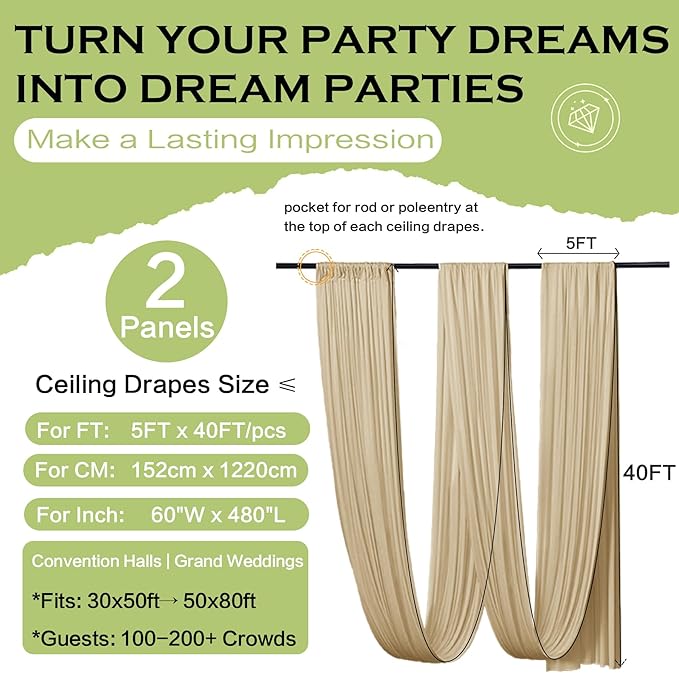 10ftx40ft Champagne Khaki Ceiling Curtain for Wedding Parties – 2 Panels Wrinkle-Free 40 FT Long Tent Draping Curtains for Wedding, Birthday & Theme Parties, 40ft Height with Rod Pocket
