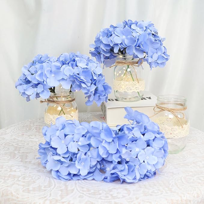 Mason Jar Table Centerpiece Set of 6 with Lights Blue Hydrangea artificial Flowers for Engagement Party Bridal Shower Centerpieces Wedding Christmas Thanksgiving Party Reception Table Decor