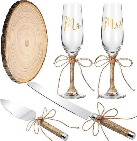 Honoson 5 Pcs Cake Knife Server Set Champagne Glasses Wooden Slice Cake Topper Set Rustic Wedding Decorations Mr and Mrs Champagne Flutes Bride Groom Valentines Day Glasses Anniversariesn