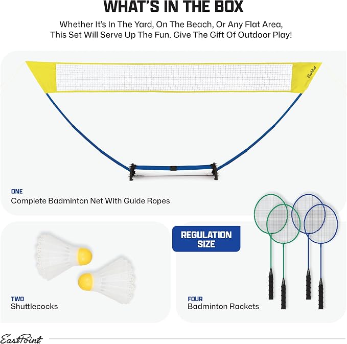EastPoint Easy Setup Badminton Set - 15 ft Net, 4 Rackets, 2 Shuttlecocks - Quick Setup Net for Backyard Games - Steel Shaft Badminton Rackets for Family Games - Durable Shuttlecocks for Outdoors
