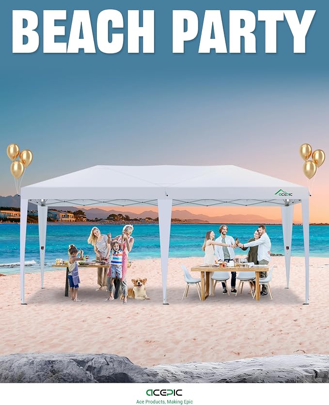 Acepic 10x20 Pop Up Canopy Tent with 6 Removable Sidewalls, 2 Central Lock Easy Set-up Outdoor Party Tent, Commercial Grade Waterproof Party Gazebo with Church Windows, White